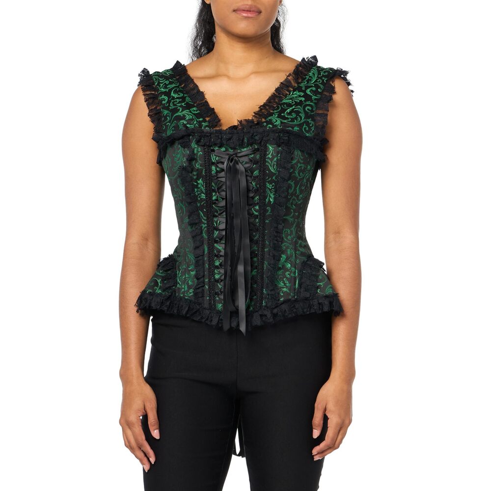 2935 Top Drawer Green/Black Swirl Brocade & Lace Steel Boned Corset w/Cap